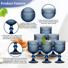 Blue Water Goblets Wine Glasses Set of 6 Vintage Colored Glassware 12 Ounces Cup