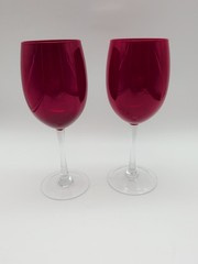 2 Vtg Holiday Red Water Wine Goblets Glasses Clear Stem