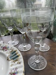 6 – Standard #3001 Bulbous Stem Polka Dots & Lines Cut Water Goblet Glasses Set