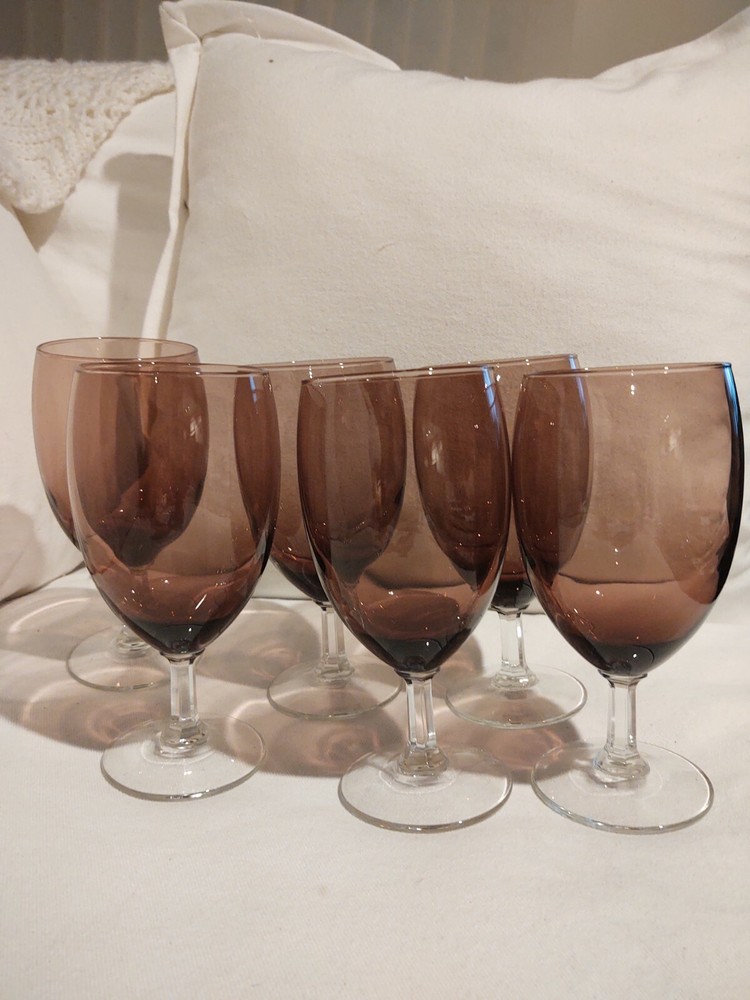 Vtg Set 6 Purple Amethyst Wine Glasses Clear Hexagonal Stems 7″ capacity 14 oz.