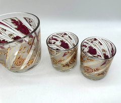 VTG Culver Gold Red Chrysanthemum Rocks Glasses Set of 4 With Ice Bucket Barware