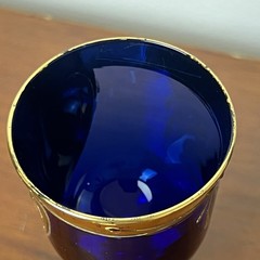 Vintage Cobalt Blue Gold Gilt Enamel Floral Goblet Wine Cordial Glass 4”