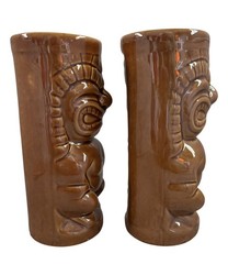 Mai Kai Brown Vintage Tiki Mug Ceramic Tall Tumbler Glass Retro Barware Set Of 2