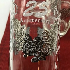 (Set of 6) 25th Anniversary Raised Silver Flower White Ribbon Drinking Glasses