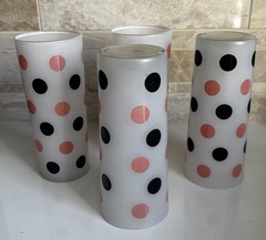 VTG Pink Black Polka Dot MCM Drinking Glasses Collins Barware Set 50’s Style