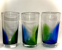 SET/3 Hand-Blown Highball Glasses Gradient Ombre Blue/Green 14 oz Pontils EUC
