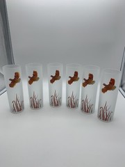 VINTAGE FROSTED TOM COLLINS COCKTAIL GLASSES with FLYING PHEASANT, Set Of 6