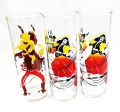 Vintage Caribbean Tiki Highball Glasses Set 6 Dancer Music Tropical Bar