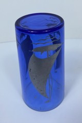 Vintage Hazel Atlas Tumbler Cobalt Blue Sailboat Seagulls Glasses 4 7/8″