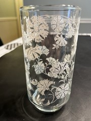 6pc Vintage Libbey Clear w White Flowers 12oz Tumbler Glasses