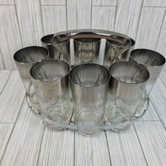 Silver Rim Highball Glasses 8pc W/ Chrome Carrier MCM Dorothy Thorpe
