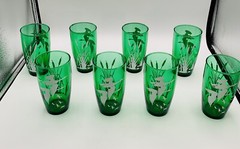 Anchor Hocking Emerald ‘Geese Fly Over Cattails’ Glasses – Set of 8 – MCM 12 oz