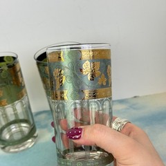 VTG Cera Tumblers Gold Grapes Green Pillars High Ball Glass 12 oz 22K? MCM Set 6