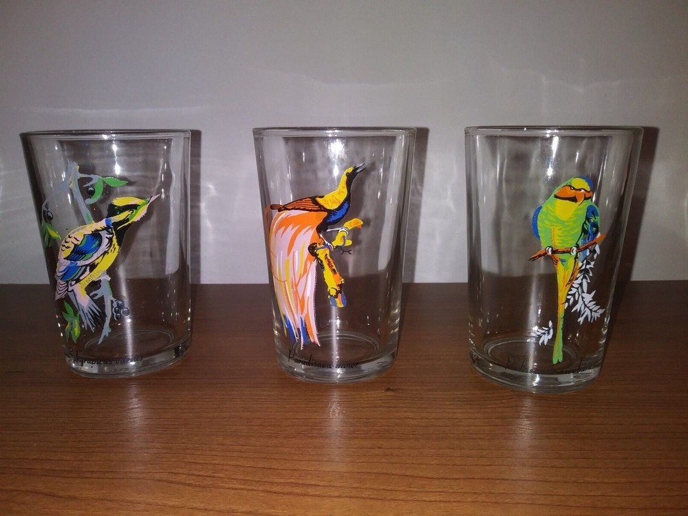 3 Vintage Birds Drinking Glasses. KIG Malaysia Tropical 1970’s.