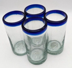 Mexico Hand Blown Glass Tumblers Clear With Cobalt Blue Rim 5.5″ Set of 4