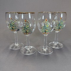 Spode Christmas Tree Wine Glass Water Goblet 7 1/4″ Set of 4 Gold Rim 12 Ounces