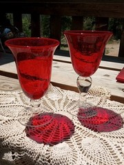 2 Hand Blown (1) Wine (1) Goblet Clear Stem Ruby Red Bubble Glass 8.25″ & 7.25″