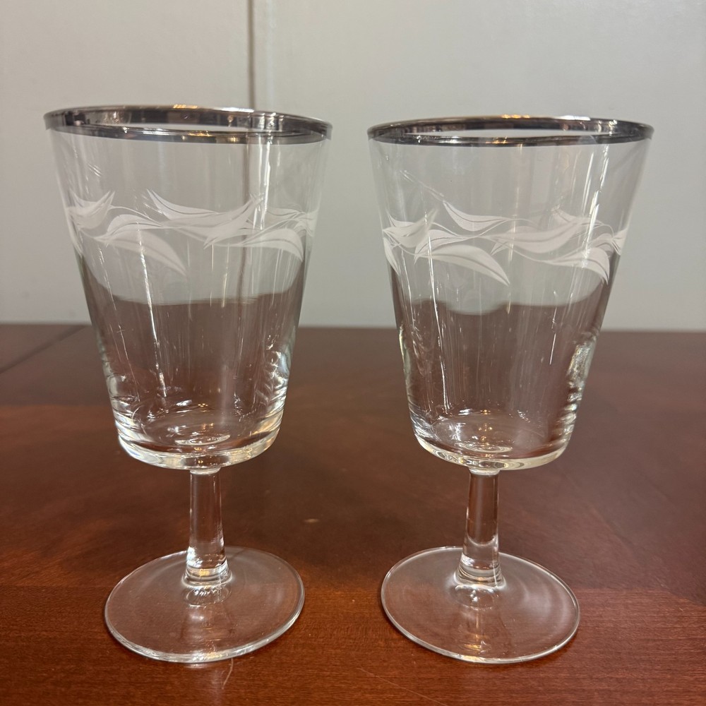 Crystal D Arques etched laurel leaf wine water goblets platinum rim MCM