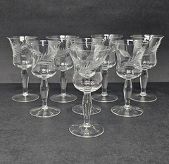 Set Of 8 Vintage Etched Grey Cut Glass Cordial Liquor Glasses Leaf Design