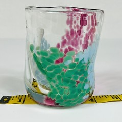 (1) Handblown Confetti Art Glass Blue/Red/Green Glass Short Uneven Tumbler
