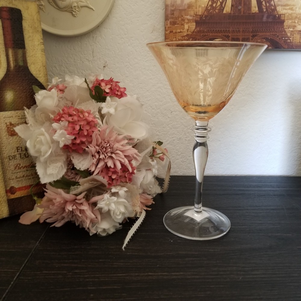 1 Venetian Amber Etched Stem & Leaf Pattern Champagne Glass by Rogaska RARE FIND