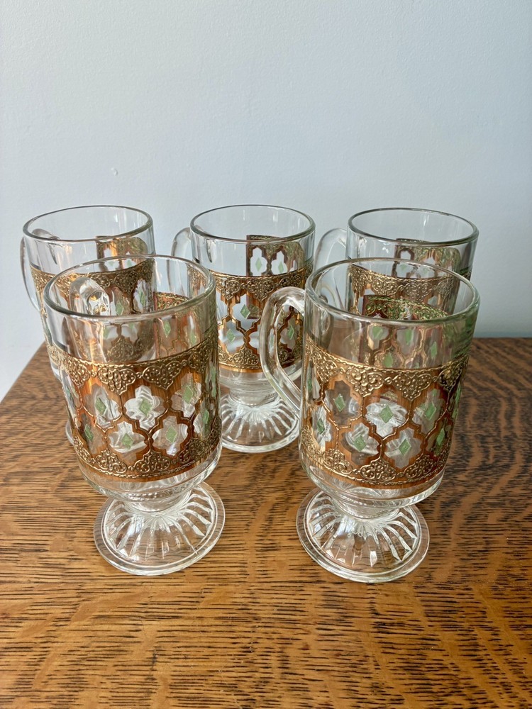 Vintage 5 Very Rare Valencia 22K Gold Green Diamond Irish Coffee Mugs