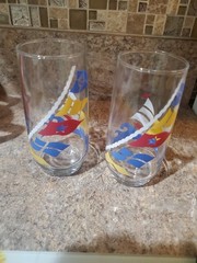 RARE Set of 2 Nautical Drinking Glasses/Tumblers Flags Sun Sailboat Waves 16oz