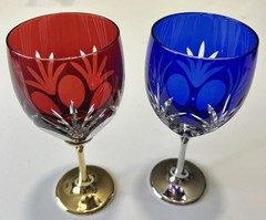 Gleaming House Japan Crystal Cut Ruby Red/Cobalt Blue Wine/Sake Glasses Set Of 2