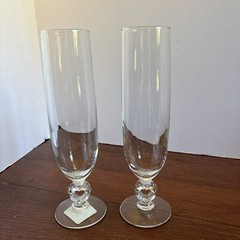 Libbey Glass Romance Champagne Flutes 9″ Cut Glass Heart Shape Stem 2006 Set 2