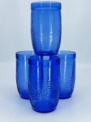 4 Sea Life Embossed Blue Glass Tumblers Seahorse Starfish Shell Fish Wavy Lines