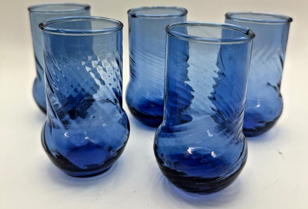 Cobalt Blue Juice Glasses Cups Set 5 VTG Handblown Art Glass Optic Swirl 4oz
