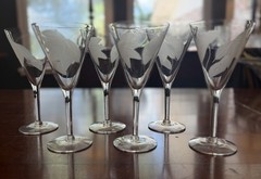 Vintage Set of 6 McBride Cameo Frosted Leaf Crystal Wine Goblets – 1940s Barware