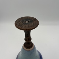 Vintage Blue Drip Glaze Wooden Stem Abstract Retro Art Pottery Goblet 8”