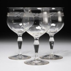 Antique Etched Cut Faceted Clear Glass Water Wine Glass 3pc Lot 6.5″h 3.25″dia