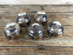 5 Vintage Mid Century Barware Roly Poly Black & 22K Gold Coin Shot Glasses MCM