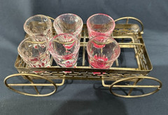 Vintage Culver Gold Tone Metal Shot Glass Caddy 8 Section Caddy W/6 Shot Glasses