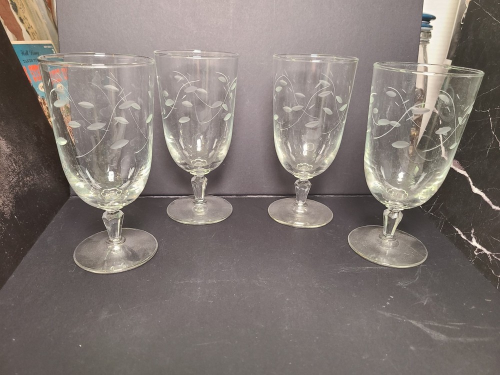 LOT of 4 VTG Libbey USA Windswept Cut Etched 6-3/4” Iced Tea Glasses Leaf Design