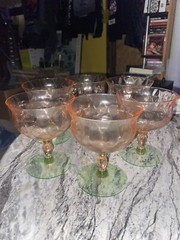 4 Antique Depression Uranium Watermelon Glasses Pink & Green Vintage Set Decor