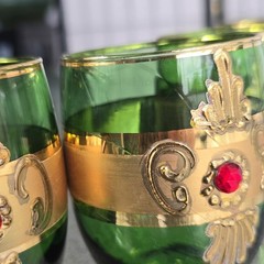 Mid Century Emerald Green & Gold Jeweled Czech Bohemian Cordial Cocktail Glasses