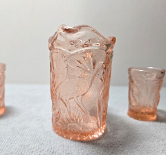 Vintage Summit Miniature Pitcher & 4 Tumblers Pink Glass Peacock Bird Child Set