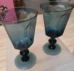 Vintage Lenox USA Antique Dark Blue Glass Water Goblet Panels Wafer Stem 6.75