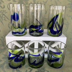 Lot of 6 Mexican Hand Blown Glasses 12 & 18 oz Clear w/Cobalt Blue & Green Swirl