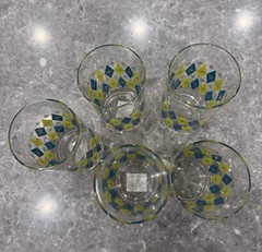 New Lot Of 5 Mid Century Modern Design 16 Oz Glasses ABBOTT Teal & Chartreuse