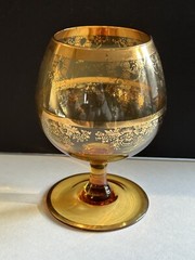 Vintage Mid Century Brandy Snifter Amber Glass Gold Overlay Boho-floral