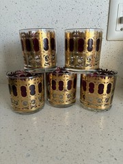 Morphew Abode 1960s Culver Burgundy Art Deco & 22k Gold Lowball Cocktail Glasses