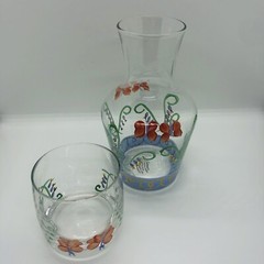 Tumble Up Italy Hand Painted Floral Butterflies Glass Bedside Carafe
