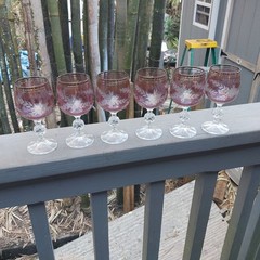Six 6 Purple Cranberry Engraved Floral Cut to Clear Wine Glasses Goblets Vintage