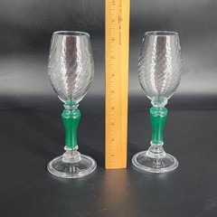 Set of 2 Signed Hand Blown Vtg Studio Art Glass Wine Champagne Glasses Green