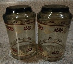 Libby Smokey Juice Glass Tumblers Painted red Flowers & Leaves Vtg Set Of 2