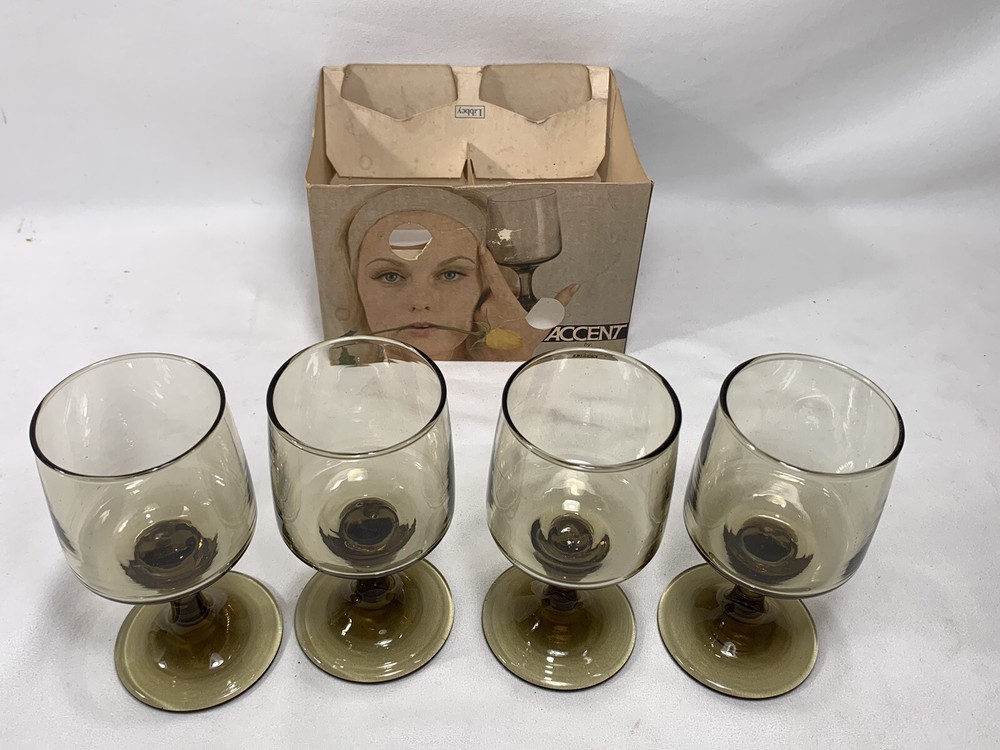 4 Vintage Libbey Accent Tawny Smoke 6 1/2 oz Wine Juice Footed Glasses – NEW
